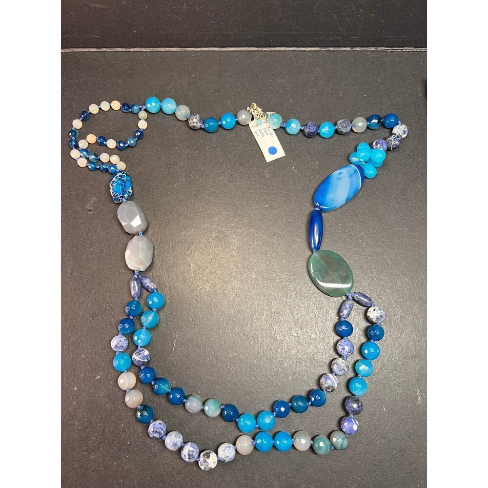 New Blue Semi Precious Stone Station 36 Inch Necklace With Sterling Silver Clasp